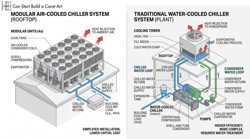 3D comparison diagram between modular air-cooled chiller and water-cooled centrifugal chiller system for arid climates