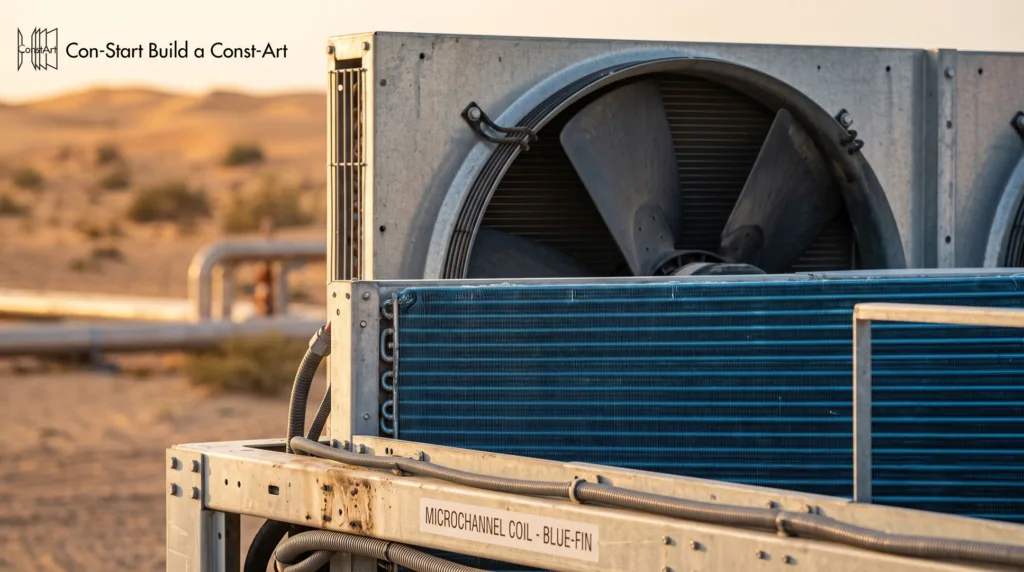 Heavy-duty V-shape microchannel condenser coil on air-cooled chiller operating in 48C ambient temperature